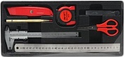 Набор аксессуаров и инструментов измерит-х(ножницы,нож канцеляр.,линейка 300мм,штангенциркуль 150мм,чертилка,к-т щупов 0,05-1мм,рулетка3м)7пр. в лотке Partner PA-T5076(т)